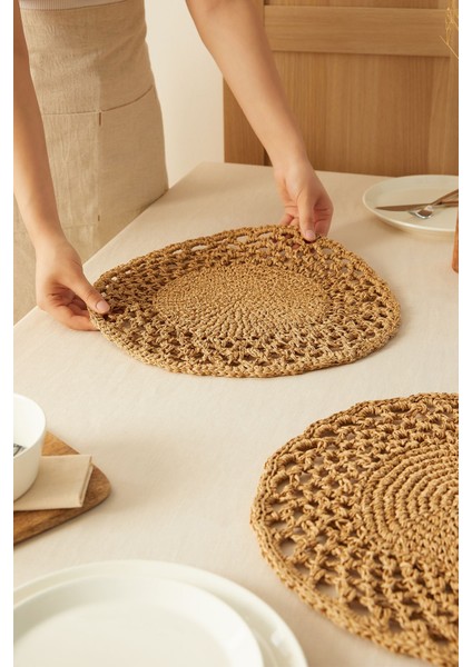 Bej Rafya Motifli Sofra Sunum Tabak Altlığı 36X36, 2'li Paket fiyatları