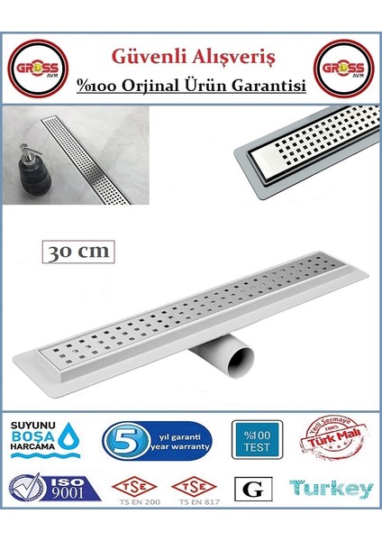 Duş Gider Kanalı - Dönerli Alt Hazne - 304 Paslanmaz Izgara - 30CM