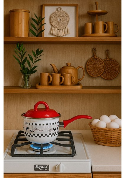 Emaye Mini Sütlük – Desenli Kırmızı Kapaklı, Emaye Saplı