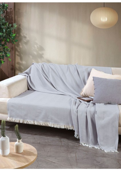Açık Gri Pamuklu Önden Saçaklı 170X210 Koltuk Örtüsü