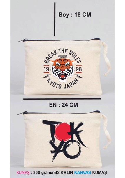 1 Adet Kaplan Klanı ve 1 Tokyo Amblem Baskılı Kanvas Kumaş Clutch Makyaj Çantası