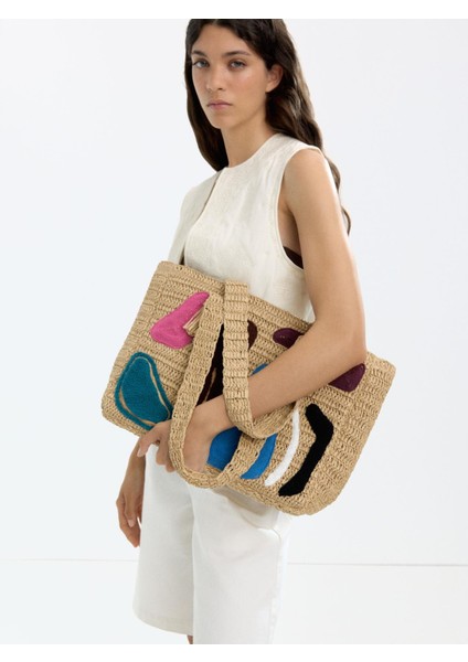 Hasır Efektli Çok Renkli Shopper Çanta