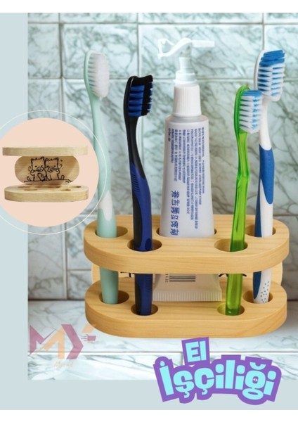 Ahşap Diş Fırçası Standı, El Işçiliği Kedi Detaylı Diş Fırçalık