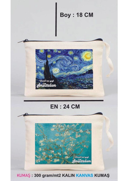 1 Adet Yıldızlı Geceler ve 1 Adet Badem Ağaçları Baskılı Kanvas Kumaş Clutch Makyaj Çantası