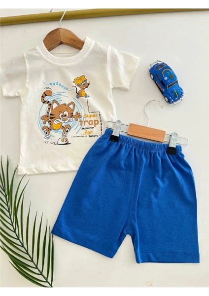 Super Trap Cat Baskılı Mavi Erkek Bebek Alt-Üst Takım %100 Pamuk