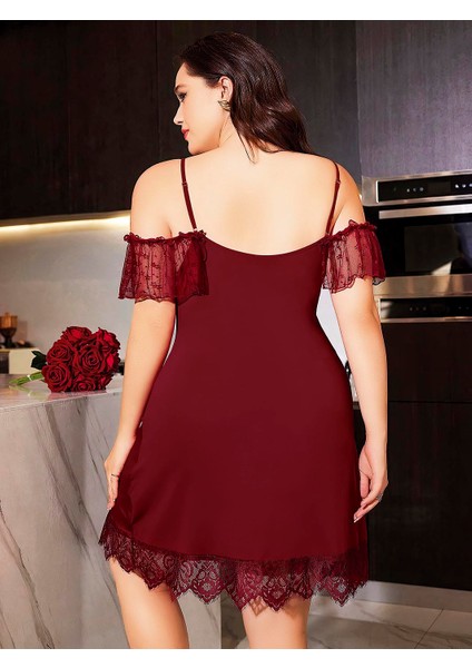 Büyük Beden Bordo Dantel Işlemeli Ince Askılı Gecelik