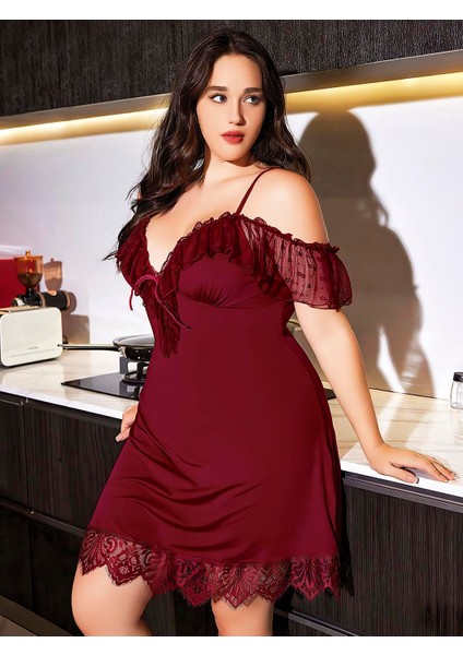 Büyük Beden Bordo Dantel Işlemeli Ince Askılı Gecelik fiyatları