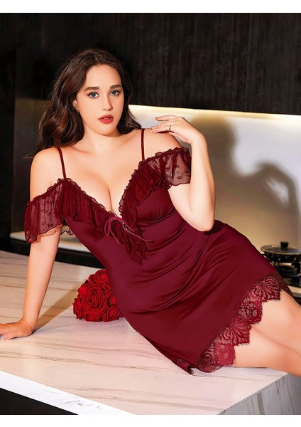 Büyük Beden Bordo Dantel Işlemeli Ince Askılı Gecelik modelleri
