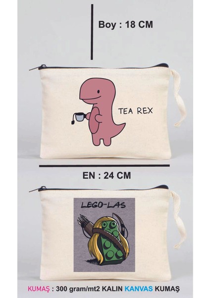 1 Adet Tea Rex ve 1 Legolas Baskılı Kanvas Kumaş Clutch Makyaj Çantası