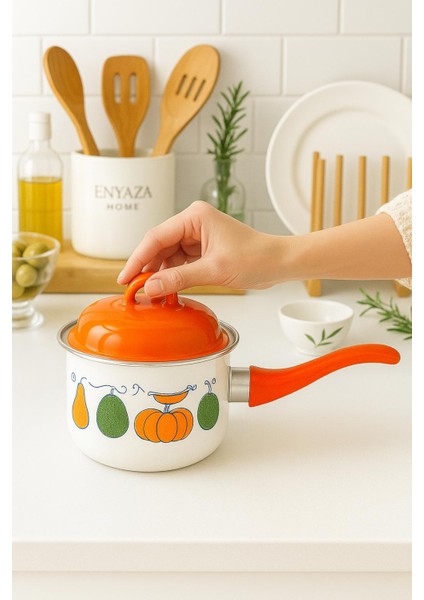 Emaye Mini Sütlük – Desenli Turuncu Kapaklı, Emaye Saplı modelleri