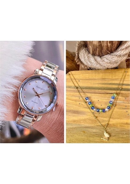 Sade Şık Model Çelik Kadın Kol Saati+Çelik Kolye Hediye Set