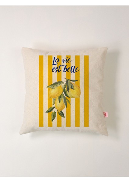 Limon Desenli Çizgili Keten Yastık Kılıfı 45X45 cm