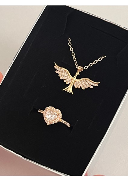 Anka Kuşu Kolye ve Kalpli Ayarlanabilir Yüzük Kutulu Set