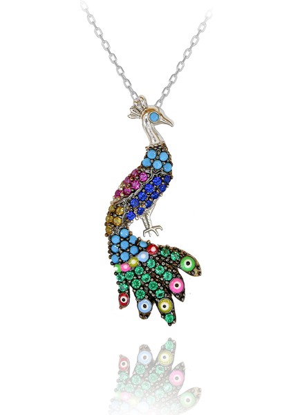 Renkli Taşlı Nazar Boncuklu Sevimli Tavuskuşu Gümüş Kolye