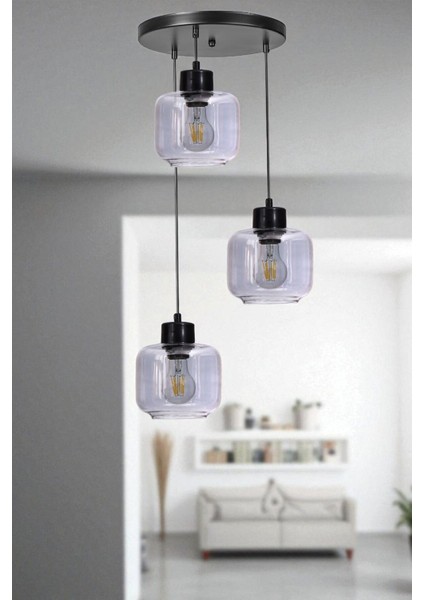 Parla 3 Lü Tepsili Siyah Füme Camlı Sarkıt