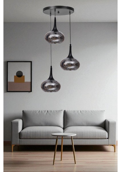 Zara 3 Lü Tepsili Siyah Füme Camlı Sarkıt