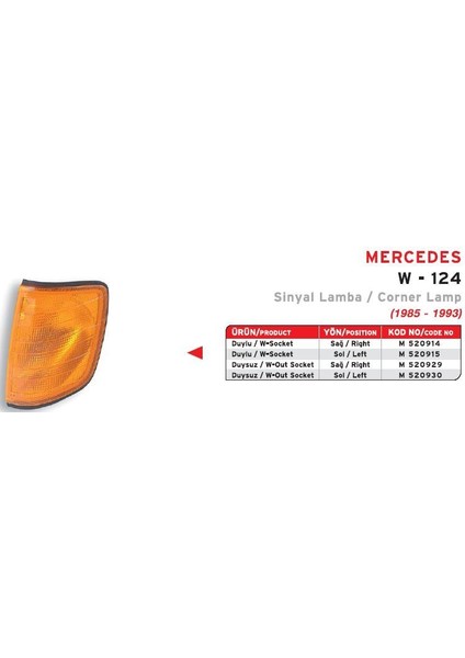 -520914 - Sınyal Lambası Sag (Duylu / Sarı) 190 W201 83>93