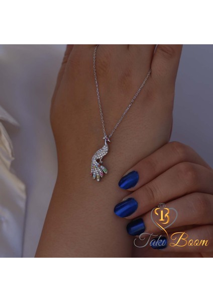 Beyaz Taşlı Nazar Boncuklu Sevimli Tavuskuşu Gümüş Kolye