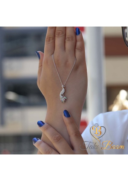 Beyaz Taşlı Nazar Boncuklu Sevimli Tavuskuşu Gümüş Kolye