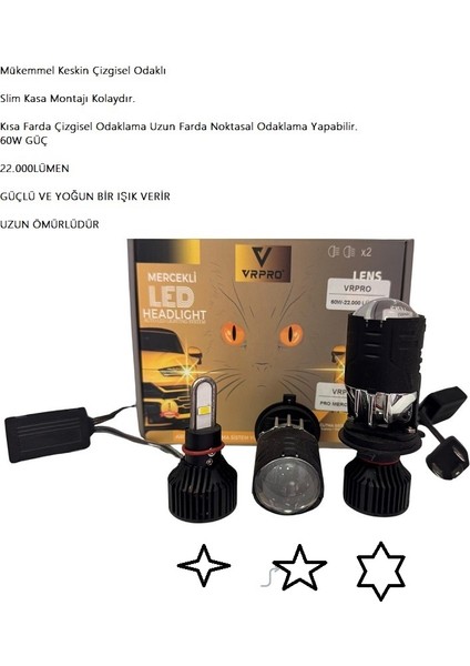 H4 Mercekli LED Zenon Şimşek Etkili Pro 60WGÜÇ -22.000 Lümen Uzun Ömürlü Çizgisel Odak