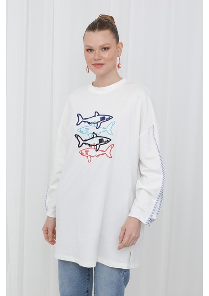 Kadın Önü Balık Nakışlı Şerit Detaylı Tunik 10640TUN