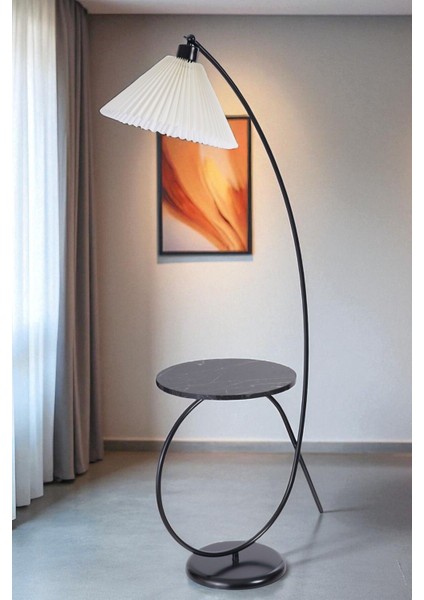 Kaya Sehbalı Siyah Lambader Pileli Krem Abajurlu