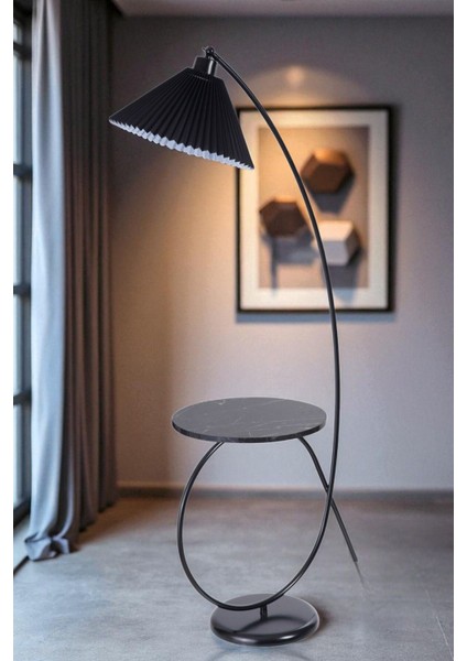 Kaya Sehbalı Siyah Lambader Pileli Siyah Abajurlu