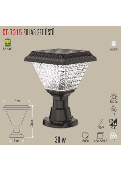 Güneş Enerjili Solar Bahçe Armatür 30W Beyaz CT-7315