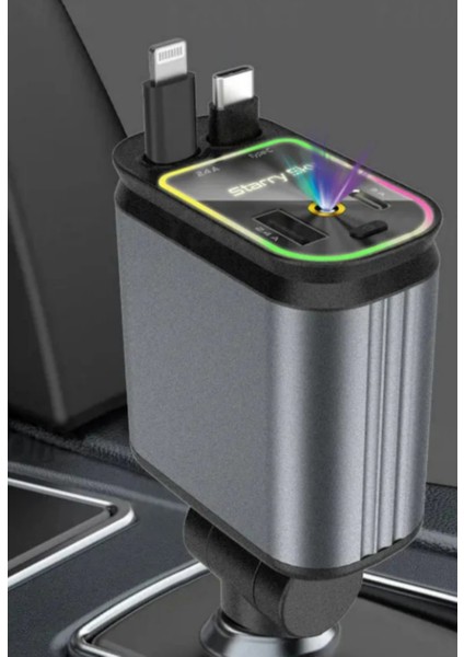 Rgb Işıklı 66W Araç Şarj Cihazı 4in1 Geri Çekilebilir Kablo Type-C + Lightning Yıldızlı Efekti modelleri