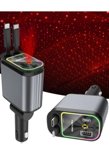 Rgb Işıklı 66W Araç Şarj Cihazı 4in1 Geri Çekilebilir Kablo Type-C + Lightning Yıldızlı Efekti indirimleri