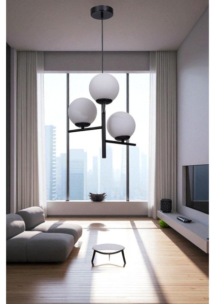 Terra 3 Lü Siyah Beyaz Camlı Avize