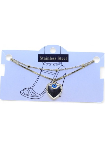 Altın Renk Top Asansör Büyük Kalp Nazar Göz Çelik Halhal - 3470