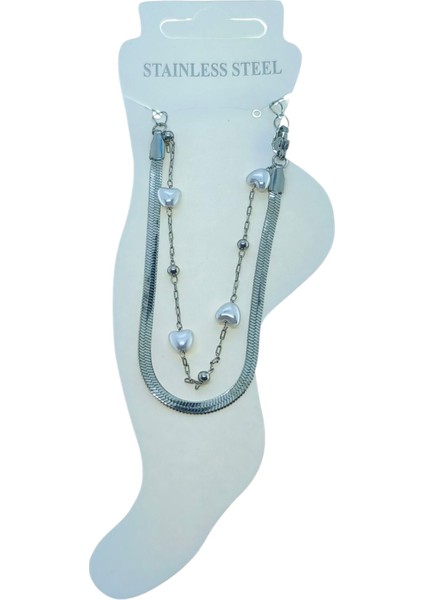 Gümüş Renk Italyan Kalp Top Çelik Halhal - 3496
