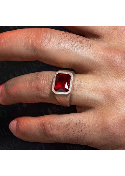 925 Ayar Gümüş Kırmızı Zirkon Taşlı Sade Erkek Yüzük