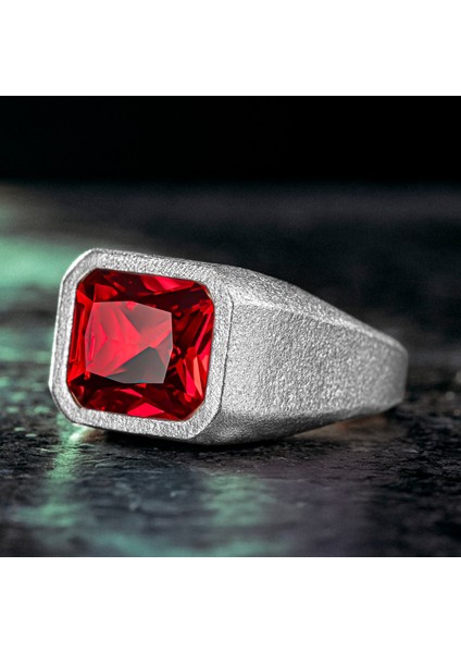 925 Ayar Gümüş Kırmızı Zirkon Taşlı Sade Erkek Yüzük fiyatları