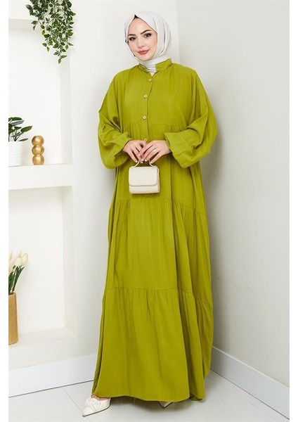 Yağ Yeşili Kol Lastikli Eteği Katlı Salaş Kadın Elbise