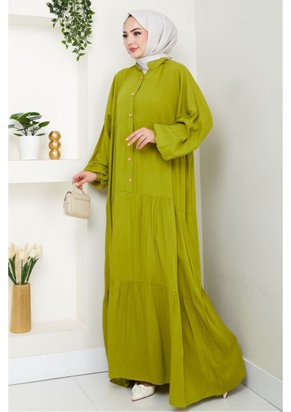 Yağ Yeşili Kol Lastikli Eteği Katlı Salaş Kadın Elbise fiyatları