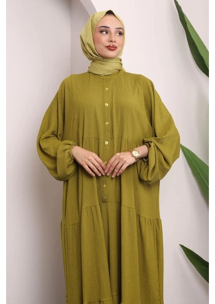 Yağ Yeşili Kol Lastikli Eteği Katlı Salaş Kadın Elbise modelleri