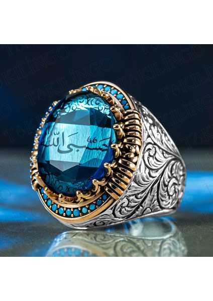 925 Ayar Gümüş Zirkon Taş Üzeri Hasbi Allah Yazılı Usta Işi Erkek Yüzük