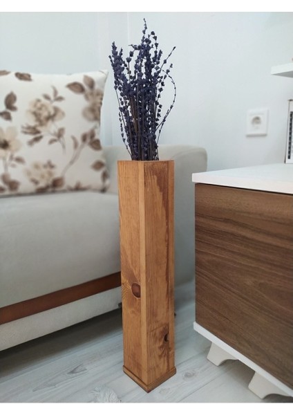 Kahverengi Ahşap Vazo, Pampas ve Yapay Çiçekler, 52 cm Uzun Dekoratif Biblo