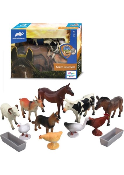 Kutulu 12 Parça Çiftlik Hayvanları Set Inek, Keçi, Koç, At, Köpek, Tavuk, Eşek, Ördek, Horoz, Kaz