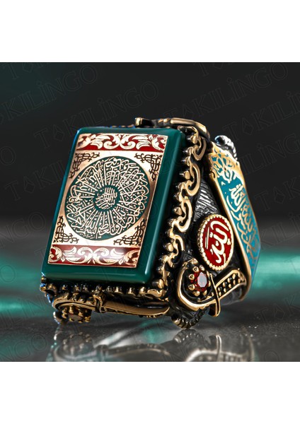 925 Ayar Gümüş Kehribar Taş Üzeri Fatiha Suresi Işlemeli Dualı Usta Işi Erkek Yüzük