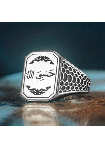 925 Ayar Gümüş Habiallah Yazılı Taşsız Dualı Erkek Yüzük