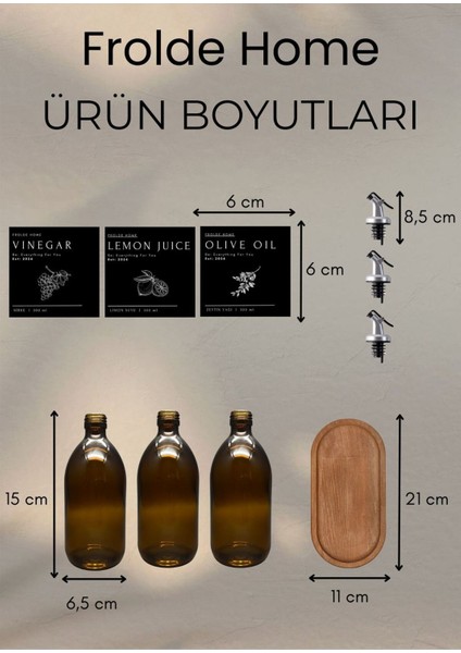 Home Meftune Oval Ahşap Stantlı Amber Zeytinyağı Limon Suyu Sirke Şişesi Yağdanlık 3lü Set 300ML
