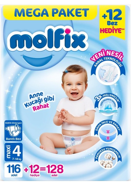 Bebek Bezi Beden: 4 (7- 14KG) Maxi 128 Adet Mega Pk