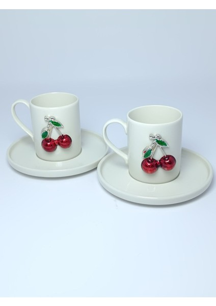 2 Kişilik Kiraz Detaylı Kahve Fincan Takımı, Şık ve Zarif Tasarım