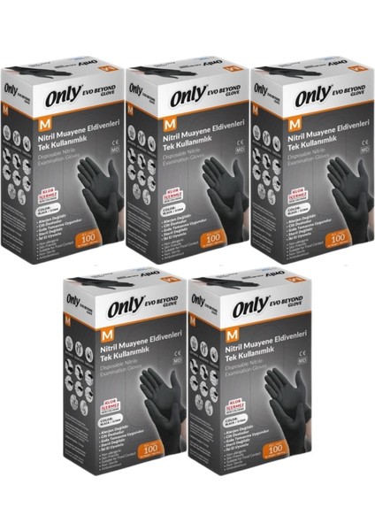 Evo Beyond Glove Nitril Siyah Pudrasız Muayene Eldiveni 500 Lü Set M - Medium - Orta (5PK*100)