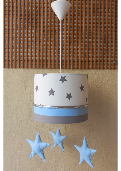 Beyaz Gri Mavi Yıldızlı Kumaş Kaplama 2.li Set Çocuk Odası ve Bebek Odası Avize ve Abajur Takımı fiyatları