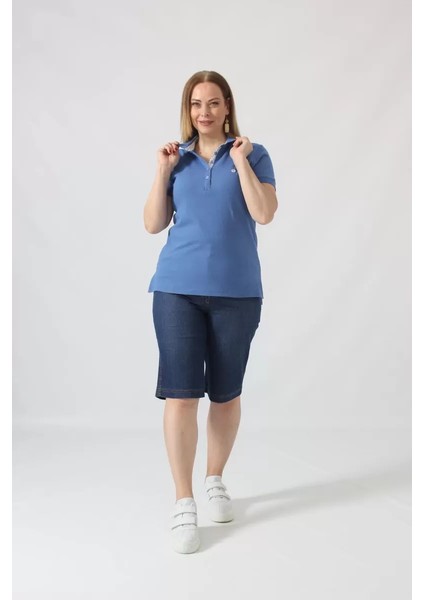 21305 Kısa Kollu Büyük Beden Lacoste Kumas T-Shirt Indigo modelleri