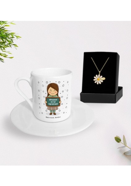 Kişiye Özel Öğretmen Temalı Kahve Fincanı ve Papatya Kolye Hediye Seti